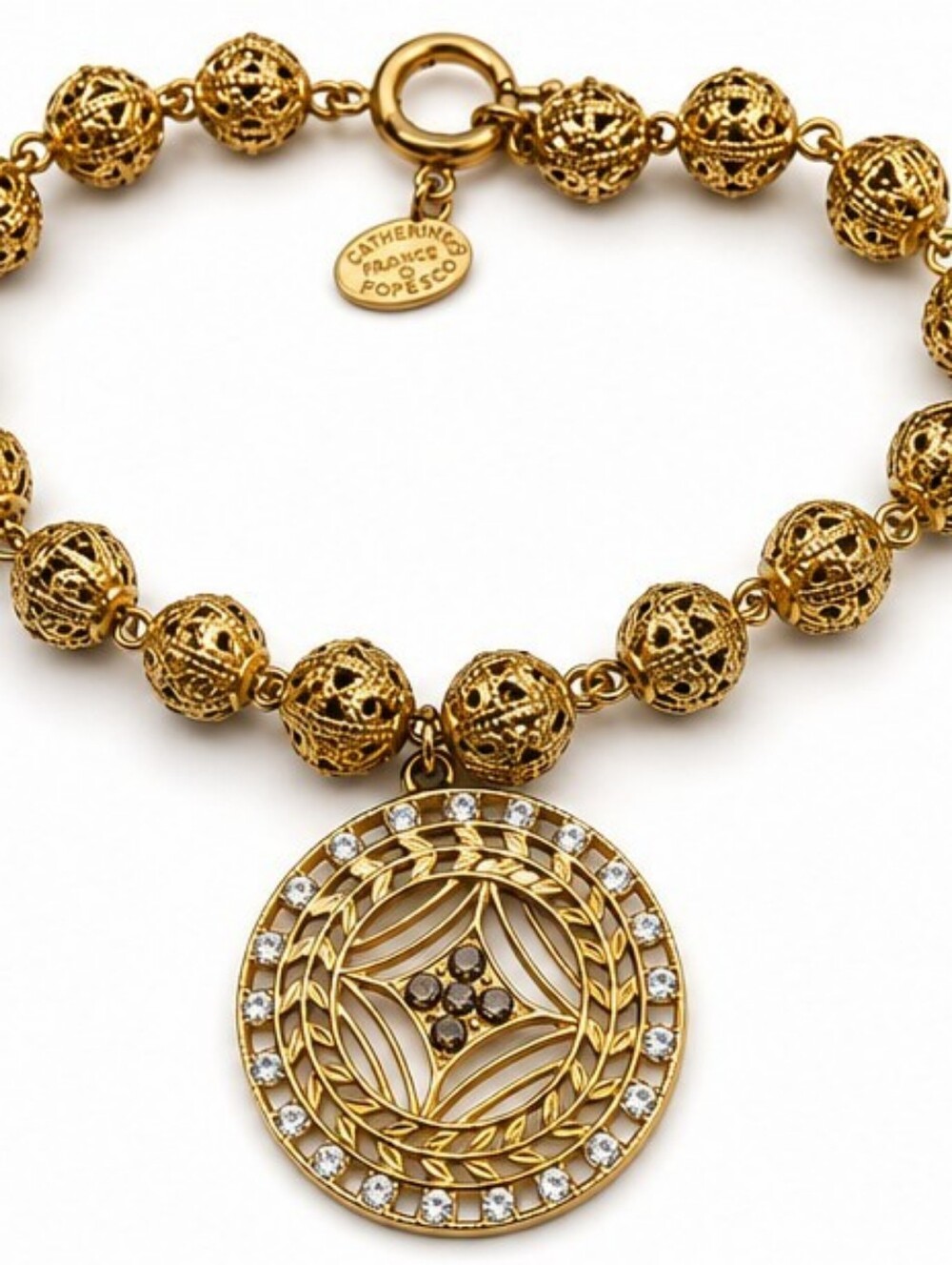Signed Catherine Popesco France Gold Tone Filigree Bead Bracelet Smoky Crystal M